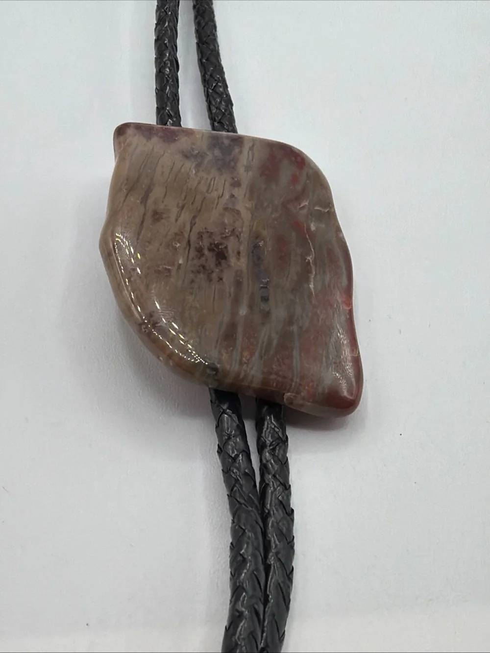 Vintage Western Natural Polished Jasper Stone Bolo Tie and Tips w/ Leather Cord